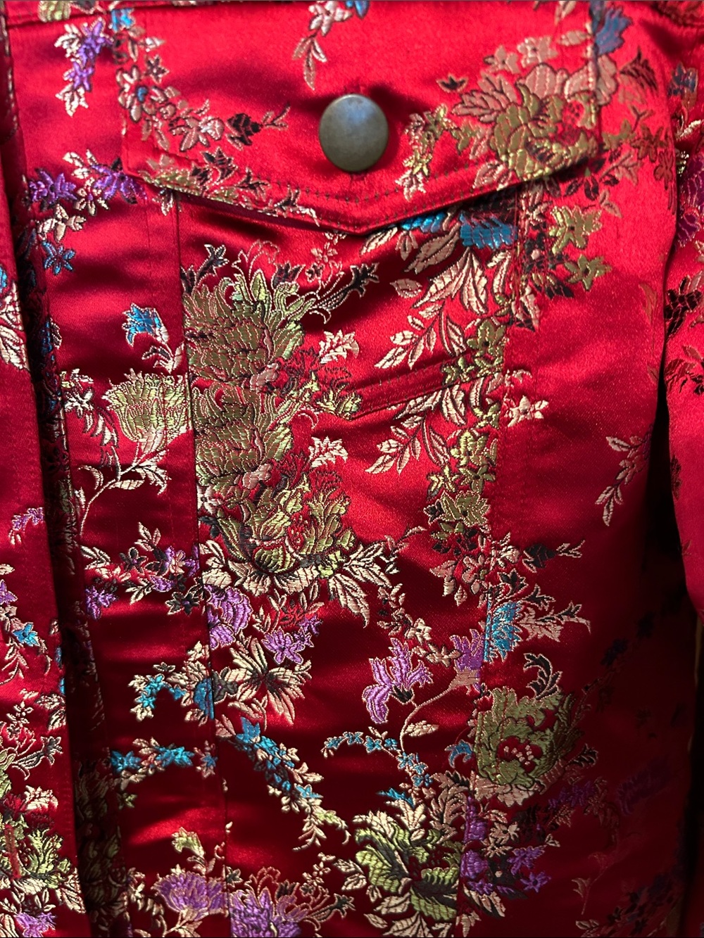 Spenser Jeremy Red Floral Brocade Jean Jacket with Gold & Blue Accents - Picture 3 of 5